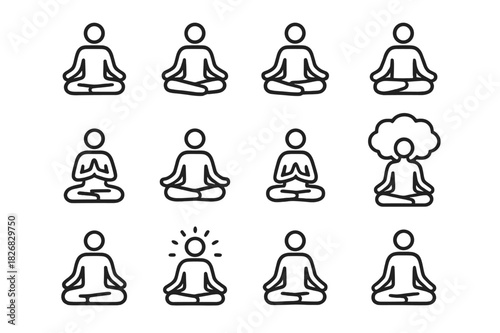 Meditation Icon Set. Meditation Pose. Line icon set of Meditation Pose: person meditating cross-legged, person in lotus pose, person in half-lotus pose, person