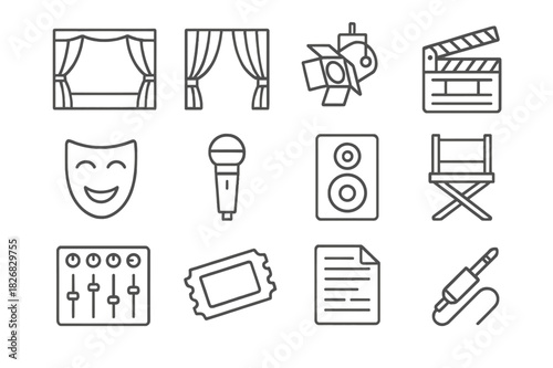 Theatrical Icon Set. Theatrical production. Line icon set of theatrical production: stage, curtain, spotlight, clapperboard, actor mask, microphone, speaker,