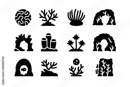 Coral Icons Set. Coral habitats. Solid icon set of Coral habitats: brain coral, staghorn coral, anemone, coral arch, reef cave, sponge colony, polyps, reef