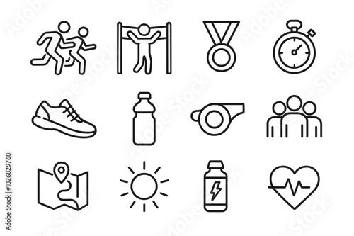 Running Event Icons. Running events. Line icon set of running events: runners, finish line, medal, stopwatch, sneakers, water bottle, whistle, crowd, route