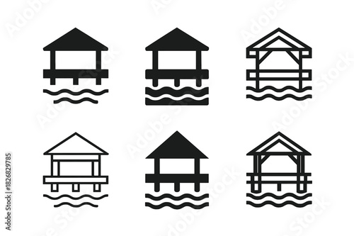 Iconic Urban Pavilion Logos. Urban pavilion. Icon set. Set Logo of urban pavilion: waterfront pavilion. harmonious logo variations of the same emblematic