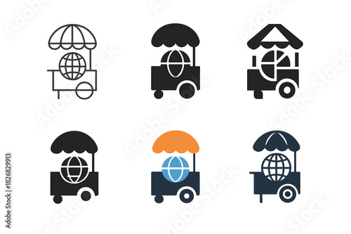 Street Food Icons. International street food and snacks. Icon set. Set Logo of International street food and snacks: food cart with global elements. harmonious