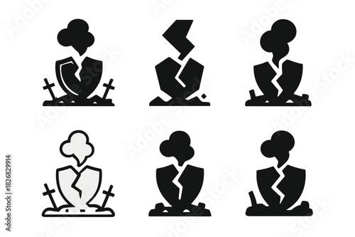 Battlefield Emblem Variations. The remains of a battlefield with smoke rising into the sky. Icon set. Set Logo of battlefield remains: shattered shield.