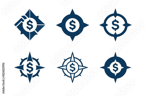 Financial Freedom Icons. Financial independence. Icon set. Set Logo of financial independence: compass of freedom. harmonious logo variations of the same