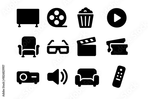 Film Watching Icons. Watching a film. Solid icon set of watching a film: movie screen, film reel, popcorn, play button, cinema chair, 3D glasses, clapperboard,