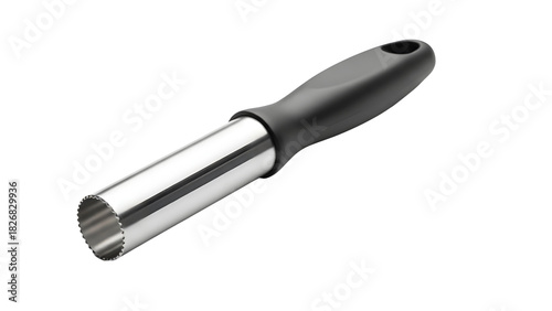 Stainless steel apple corer with black handle isolated on White background