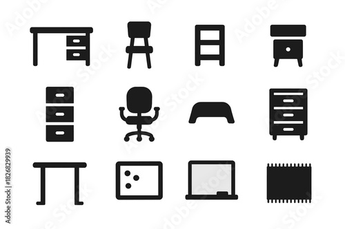 Workspace Icons Set. Workspace furniture. Solid icon set of Workspace furniture: desk, chair, bookshelf, side table, filing cabinet, rolling chair, footrest,