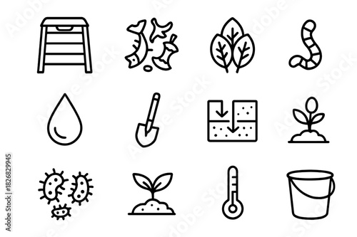 Composting Icon Set. Composting. Line icon set of Composting: compost bin, food scraps, leaf pile, worm, water drop, shovel, decomposition arrows, soil layer,