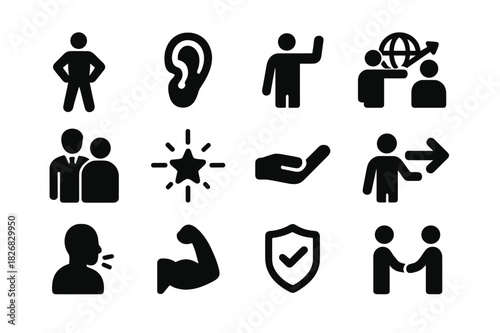 Leadership Trait Icons. Leadership traits. Solid icon set of Leadership traits: confidence pose, listening ear, raised hand, shared vision, mentor icon,