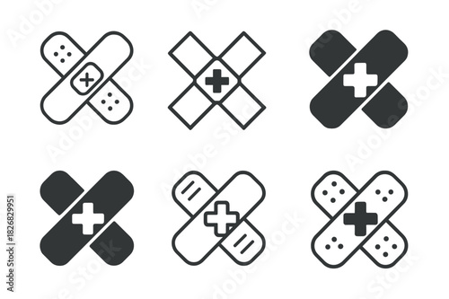 First Aid Icons. First aid training courses. Icon set. Set Logo of first aid: bandage with medical icon. harmonious logo variations of the same emblematic