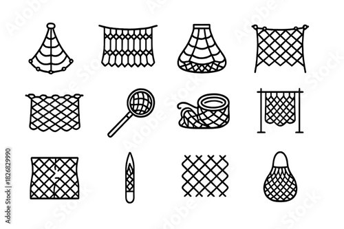 Fishing Nets Icon Set. Fishing nets. Line icon set of fishing nets: cast net, gill net, trawl net, seine net, net with floats, hand net, net pile, drying net,