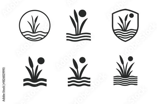 Wetlands Logo Variations. Wetlands. Icon set. Set Logo of wetlands: ecosystem biodiversity symbol. harmonious logo variations of the same emblematic concept,
