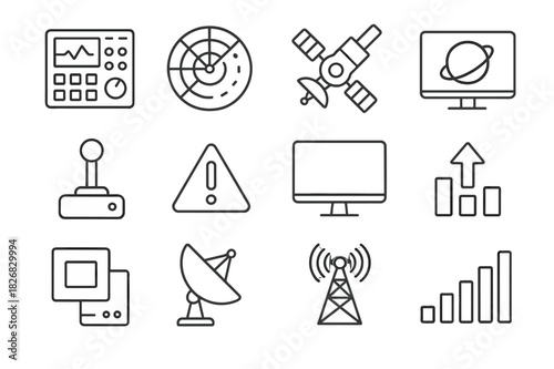 Satellite System Icons. Satellite control systems. Line icon set of satellite control systems: control panel, radar, satellite, orbit tracker, joystick, alert