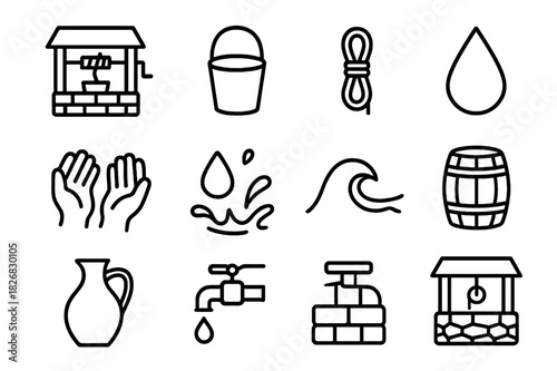 Water Drawing Icons. Drawing water. Line icon set of drawing water: well, bucket, rope, pulley, droplet, hands, splash, wave, barrel, jug, tap, stone base. All
