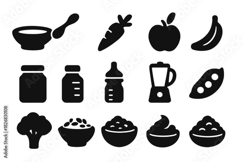Baby Nutrition Icons. Baby nutrition. Solid icon set of Baby nutrition: baby bowl, spoon, carrot, apple, banana, jar, bottle, blender, peas, broccoli, oatmeal,