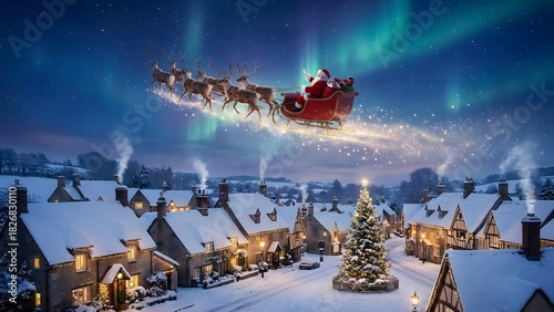 Santa Claus flying over a snowy town, with a magical atmosphere