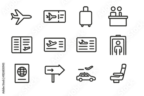Flight Icon Set. Flight & Airport Apps. Line icon set of Flight & Airport Apps: airplane, boarding pass, luggage, check-in counter, flight schedule, departure