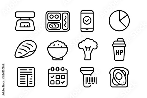 Flexible Diet Icons. Flexible dieting. Line icon set of flexible dieting: food scale, meal prep box, calorie tracker app, macro chart, chicken breast, rice