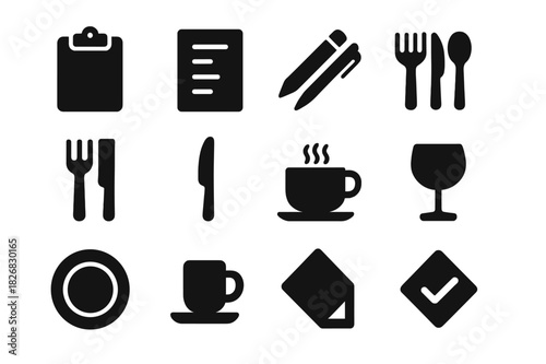 Menu Design Icons. Menu design. Solid icon set of Menu design: clipboard, menu sheet, pencil, pen, fork, knife, spoon, plate, coffee cup, glass, napkin,