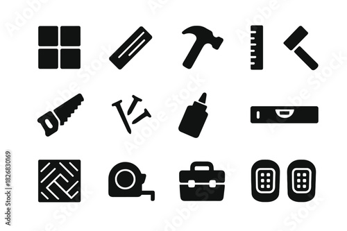 Flooring Project Icons. Flooring projects. Solid icon set of flooring projects: tile, wooden plank, hammer, ruler, saw, nails, glue, level, flooring pattern,