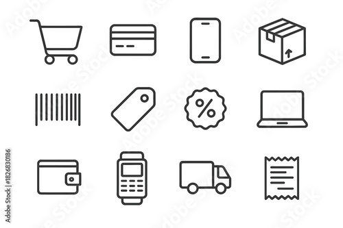 E-Commerce Icon Set. E-Commerce. Line icon set of E-Commerce: shopping cart, credit card, smartphone, delivery box, barcode, sale tag, discount badge, laptop,