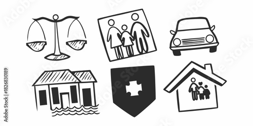 A collection of hand-drawn doodle-style medical and healthcare icons, including a stethoscope, ambulance, and heart symbol, isolated on a white background