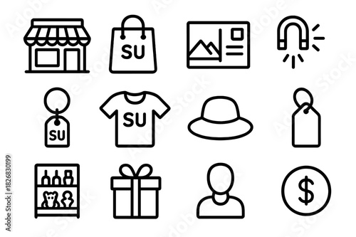 Souvenir Shop Icons. Souvenir shop. Line icon set of souvenir shop: storefront, bag, postcard, magnet, keychain, t-shirt, hat, price tag, shelf, gift box,