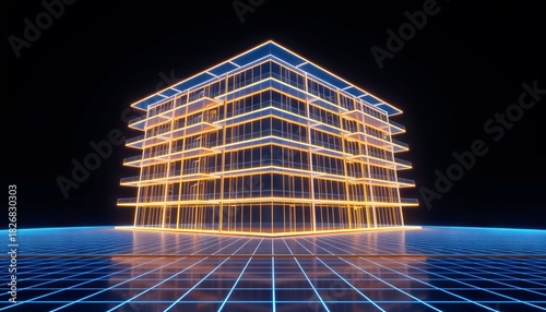 Glowing architectural blueprint structure atop a vibrant blue neon grid against a dark background