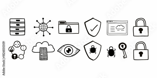 A collection of hand-drawn doodle-style medical and healthcare icons, including a stethoscope, ambulance, and heart symbol, isolated on a white background