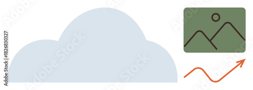 Cloud representing storage, photo thumbnail, and upward curve highlighting growth and data trends. Ideal for data backup, cloud computing, technology, growth, analytics, digital storage progress
