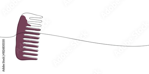 Minimal vector illustration of a widetooth comb with purple shading on a white background and a curved line, suitable for haircare or beauty design themes.