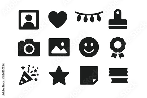 Memory Wall Icons. Memory Wall. Solid icon set of Memory Wall: photo frame, heart, string light, clip, camera, picture, smile face, ribbon, confetti, star,