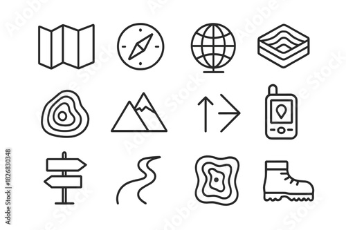 Geography Outdoors Icons. Geography outdoors. Line icon set of geography outdoors: map icon, compass, globe, terrain model, elevation lines, mountain symbol,