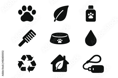 Eco-Friendly Pet Icons. Eco-Friendly Pet Care. Solid icon set of Eco-Friendly Pet Care: paw print, leaf, shampoo bottle, brush, food bowl, water droplet,