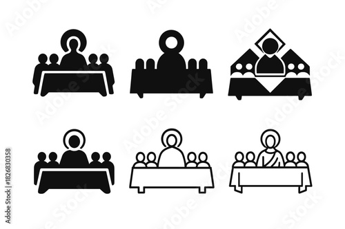 Iconic Last Supper Logos. Last Supper. Icon set. Set Logo of Last Supper: haloed figure at table center. harmonious logo variations of the same emblematic