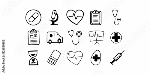 A collection of hand-drawn doodle-style medical and healthcare icons, including a stethoscope, ambulance, and heart symbol, isolated on a white background