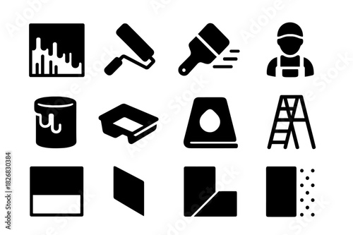 Painting Icons Set. Painting process. Solid icon set of Painting process: wall section, roller, brush, painter figure, motion lines, paint can, tray, drop