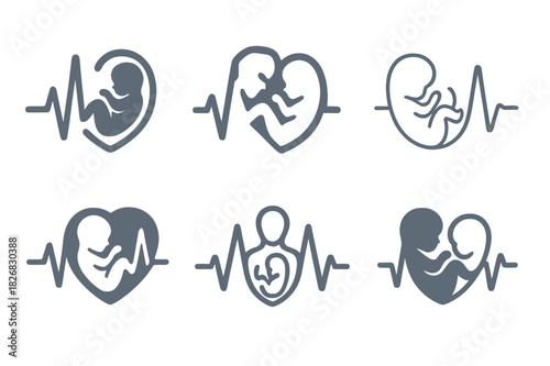 Childbirth Logo Variations. childbirth. Icon set. Set Logo of childbirth: heartbeat with baby outline. harmonious logo variations of the same emblematic