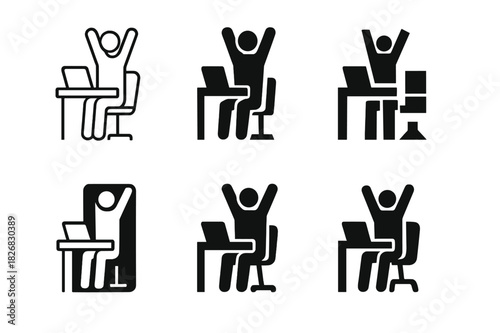 Stretch Break Logos. Taking a break from work to stretch. Icon set. Set Logo of Taking a break from work to stretch: person standing up from desk and