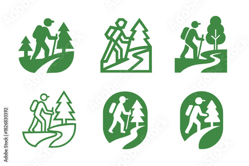 Nature Wellness Icons. Nature-based wellness tourism. Icon set. Set Logo of wellness tourism: hiking trail icon. harmonious logo variations of the same