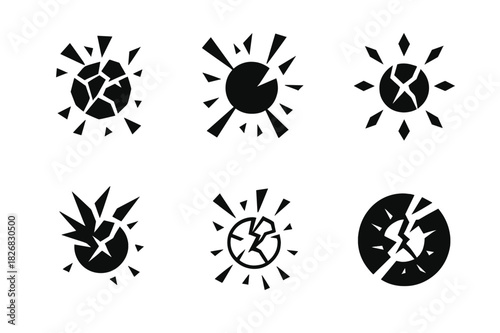 Frustration Icon Set. Frustration. Icon set. Set Logo of frustration: shattering object. harmonious logo variations of the same emblematic concept, each with