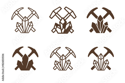 Geologist Logo Set. Geologist. Icon set. Set Logo of geologist: pickaxe and minerals. harmonious logo variations of the same emblematic concept, each with