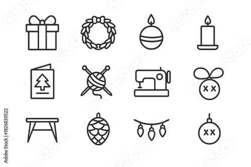 Craft Fair Icon Set. Craft fair essentials. Line icon set of Craft fair essentials: gift box, wreath, ornament ball, candle, holiday card, knitting needles,
