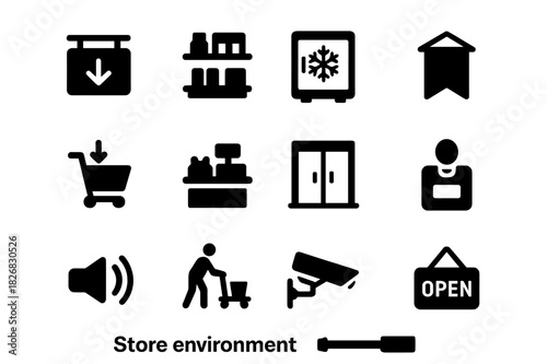 Store Environment Icons. Store environment. Solid icon set of Store environment: aisle sign, product shelf, freezer case, hanging banner, cart return, checkout
