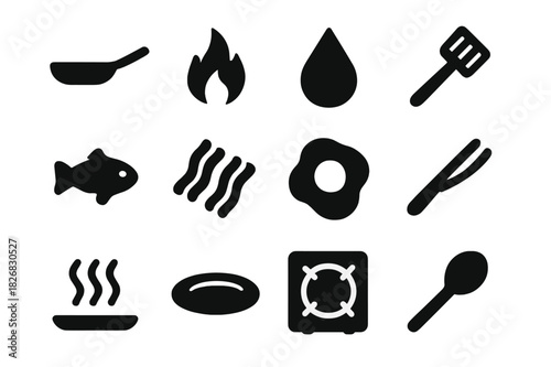 Frying Food Icons. Frying food. Solid icon set of frying food: pan, flame, oil droplet, spatula, fish, bacon, egg, tongs, smoke, plate, stove, spoon. Filled