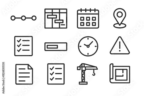 Project Management Icons. Project timeline management. Line icon set of Project timeline management: timeline, Gantt chart, calendar, milestone marker, task