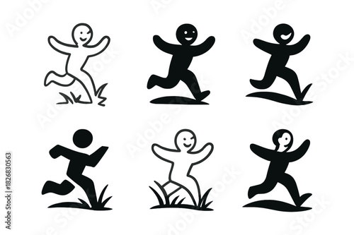 Joyful Running Silhouettes. Happy Person Running Through a Field. Icon set. Set Logo of Happy Person Running Through a Field: joyful silhouette in motion.