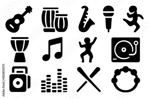Fusion Music Icons. Fusion Music and Dance. Solid icon set of Fusion Music and Dance: guitar, tabla, saxophone, microphone, djembe, music notes, dancer