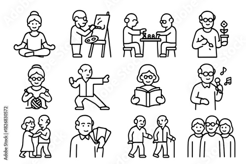 Senior Activities Icons. Senior activities. Line icon set of Senior activities: yoga, painting, chess, gardening, knitting, tai chi, reading, singing, dancing,