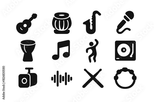 Fusion Music Icons. Fusion Music and Dance. Solid icon set of Fusion Music and Dance: guitar, tabla, saxophone, microphone, djembe, music notes, dancer